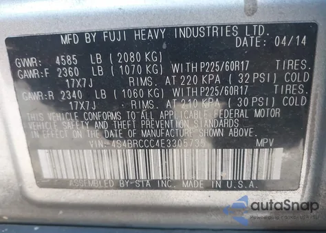 2014 Subaru Outback 2.5I Premium from USA, damaged, VIN 4S4BRCCC4E3305735